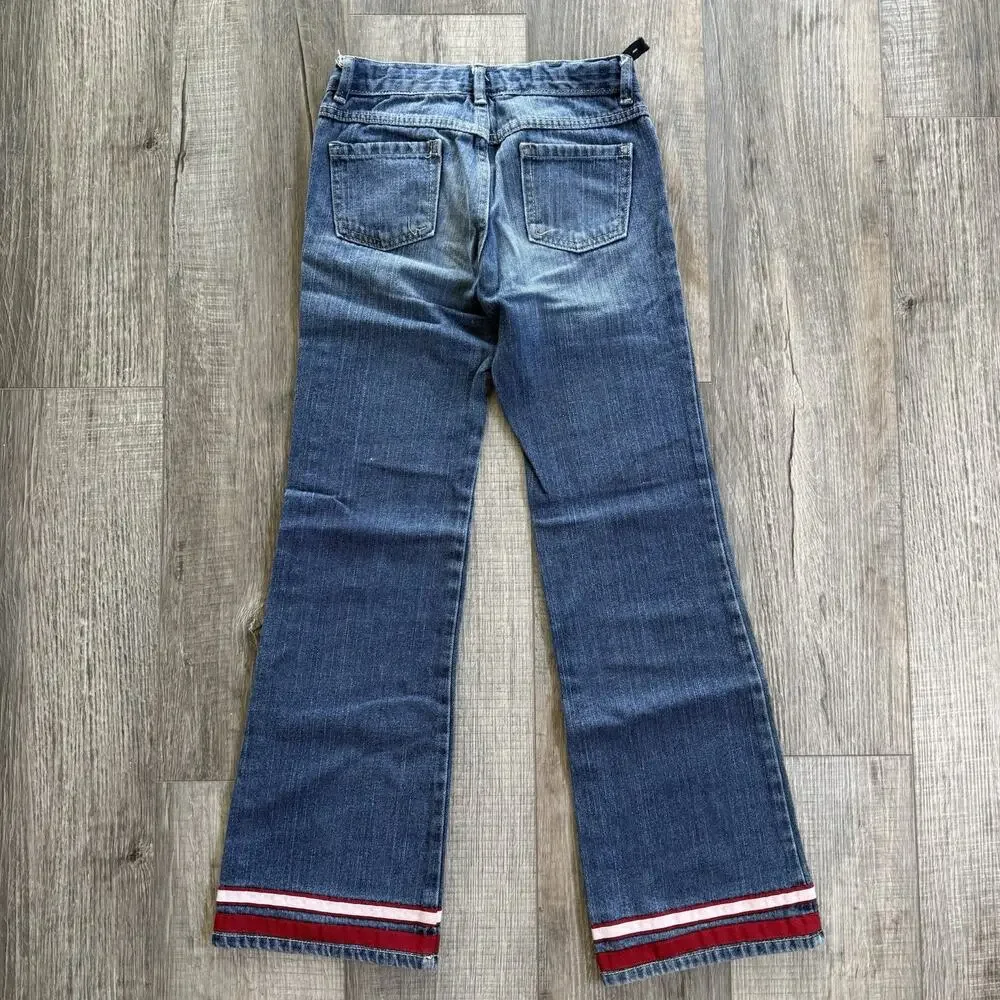 Y2K Gymboree Girl Size 12 Jeans Red Pink Stripe Denim Flare 2010 Ribbon Bow